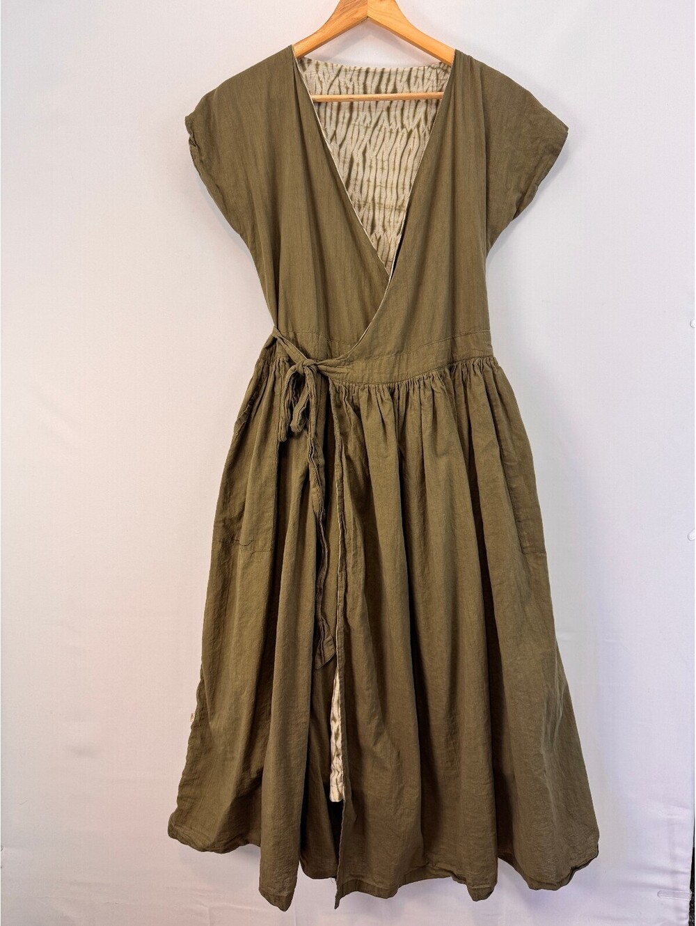 Reversible Shibori Cotton Wrap Maxi Dress Olive Boho Artisan Slow Fashion S/M